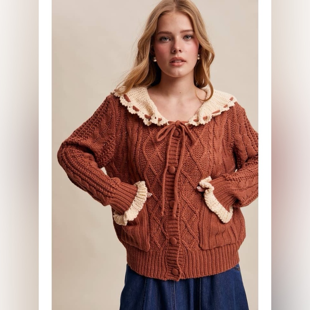 Two-Tone Crochet Sailor Collar Cable Knit Cardigan - Listicle